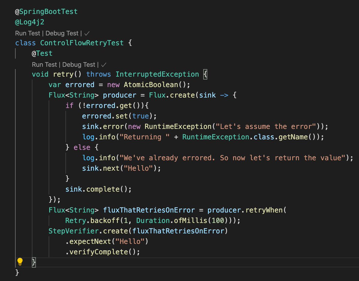 CoderPraBhu's tweet image. Enjoying reading @ReactiveSpring book by @starbuxman. This example from the book presents a retryable flux that simulates error on first attempt and shows how easy it is to retry with exponential backoff strategy with jitter. @springframework @springboot