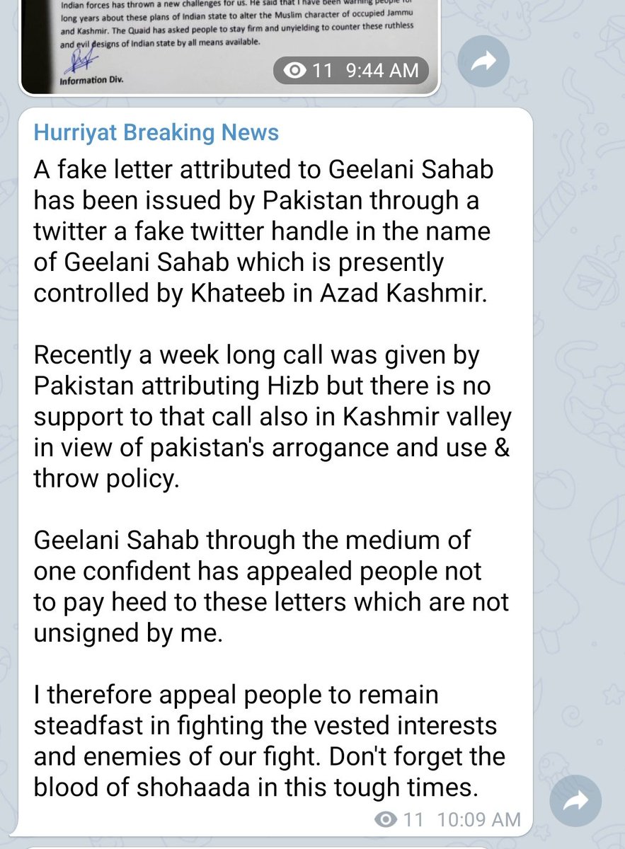 hurriyet_news's tweet photo. Geelani Sb has appealed all to not pay heed to any letter circulated under his name that does not bear his signature. 

The movement is going strong and lets remain steadfast in fighting vested interest. 
Source : Telegram
#Geelani #APHC #Khateeb #FakeLetter  #Shuhada #Kashmir https://t.co/ATUngdF6VP