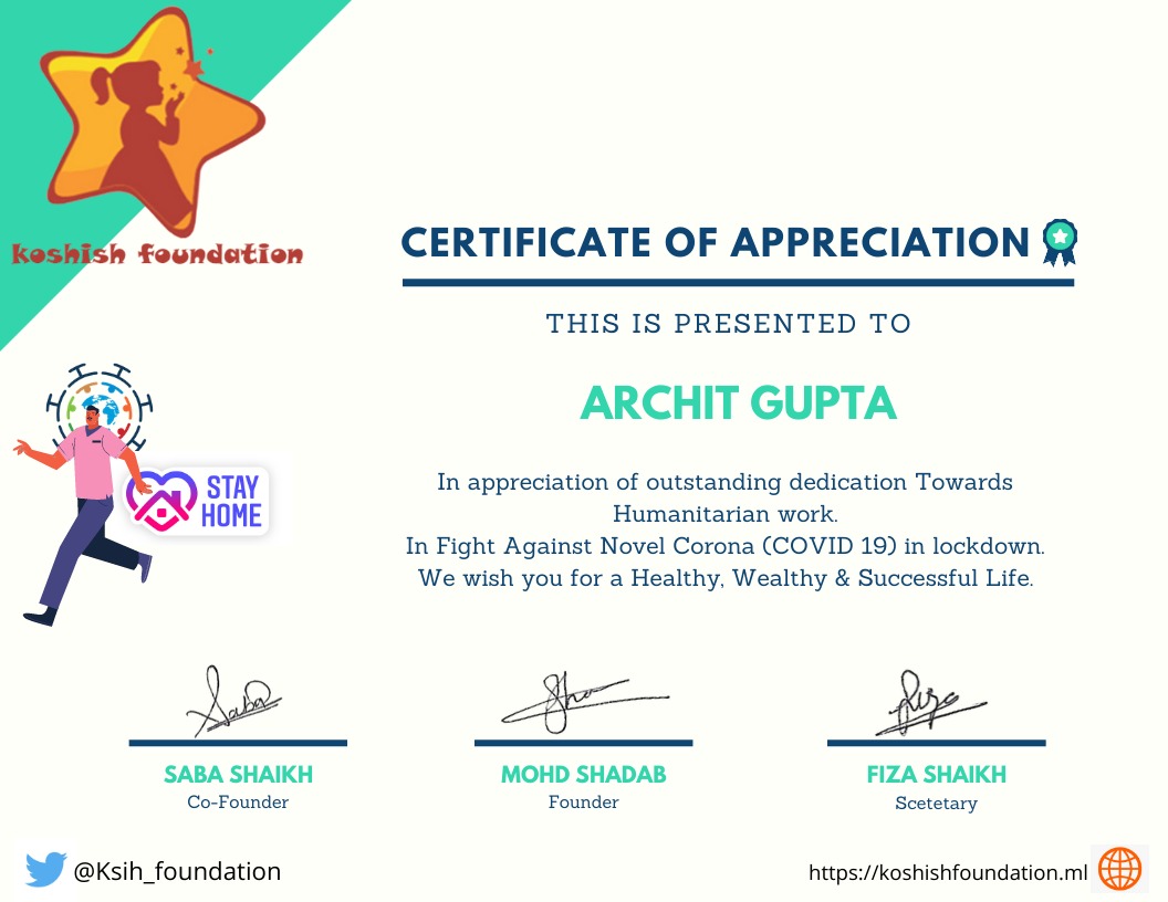 Ksih_foundation's tweet photo. #CovidYoddha #CovidWarrior #FeedtheNeedy #LetsDoMore #SharingMeals #MedicareForAll #HungerWarriors #GuestLabourers #GuestWorkers #HumanityFirst #TOGETHERWECAN
Honoured to present Certificate of Appreciation to
@architgupta99
Keep up the good work. https://t.co/okI7a0Rc43