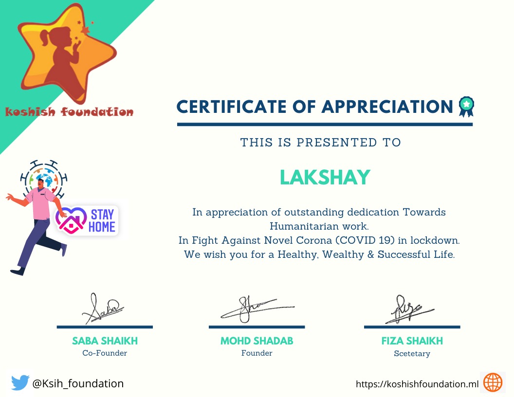 Ksih_foundation's tweet photo. #CovidYoddha #CovidWarrior #FeedtheNeedy #LetsDoMore #SharingMeals #MedicareForAll #HungerWarriors #GuestLabourers #GuestWorkers #HumanityFirst #TOGETHERWECAN
Honoured to present Certificate of Appreciation to
@i_lakshay99
Keep up the good work. https://t.co/nXQyHP2MPV