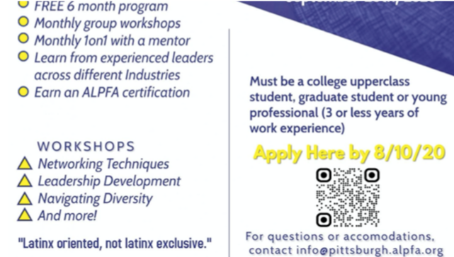 ALPFAPittsburgh's tweet photo. Join us in our first VIRTUAL MENTORING program tailored towards college students and young professionals - see additional details in the photos below

--We are Latinx oriented, not Latinx exclusive! anyone can apply--

Apply here by 8/15 --> https://t.co/ZF6n37oBP8 https://t.co/8RNMo3jx4j