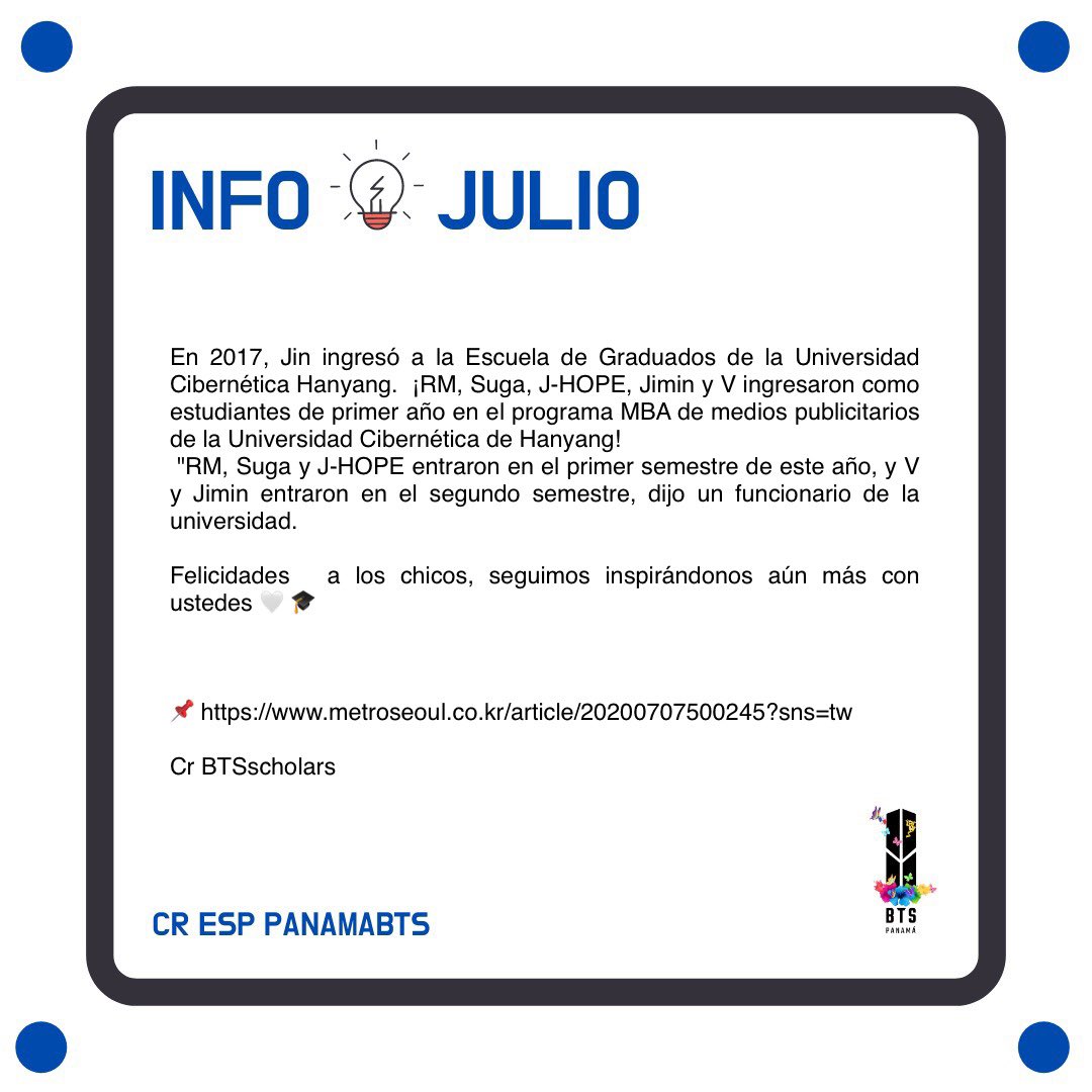 Bts Panama No Twitter Info 7 7 En 17 Jin Ingreso A La Escuela De Graduados De La Universidad Cibernetica Hanyang Rm Suga J Hope Jimin Y V Ingresaron Como Estudiantes De Primer Ano
