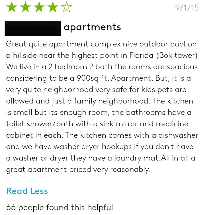 So here's the only three reviews on the site. These are coming from  http://Apartments.com , so take that for what you will.