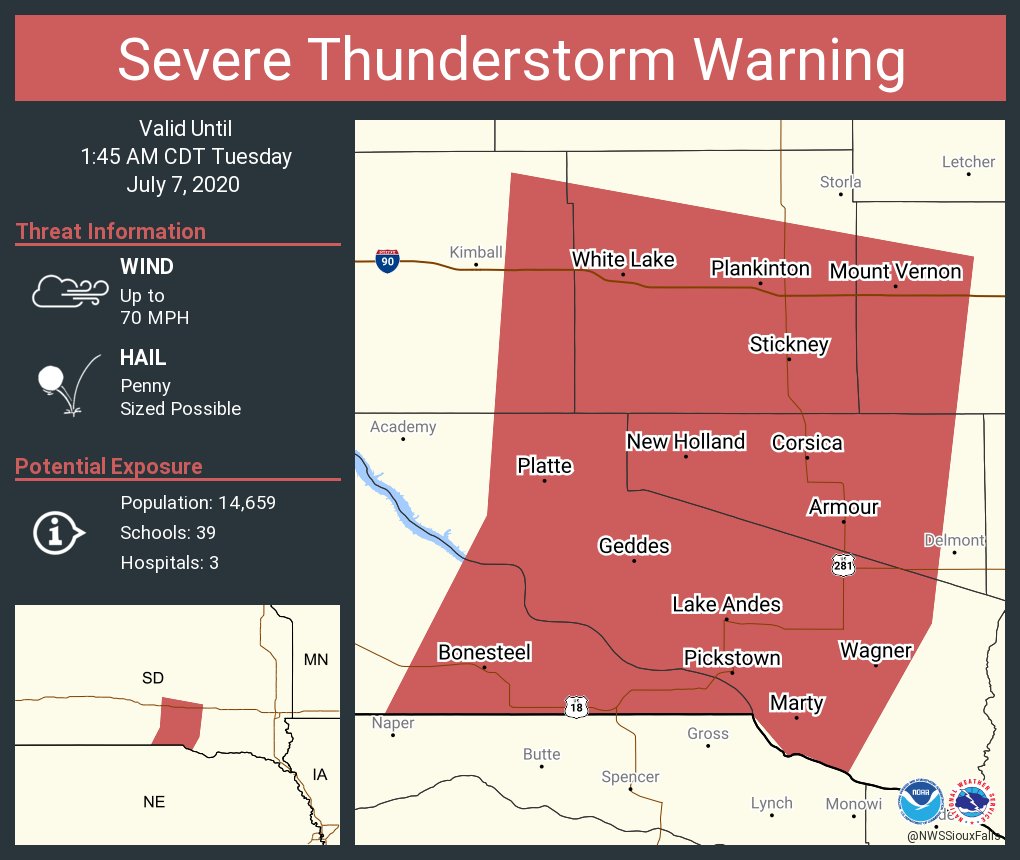 Severe Thunderstorm Warning including Wagner SD, Platte SD, Lake Andes