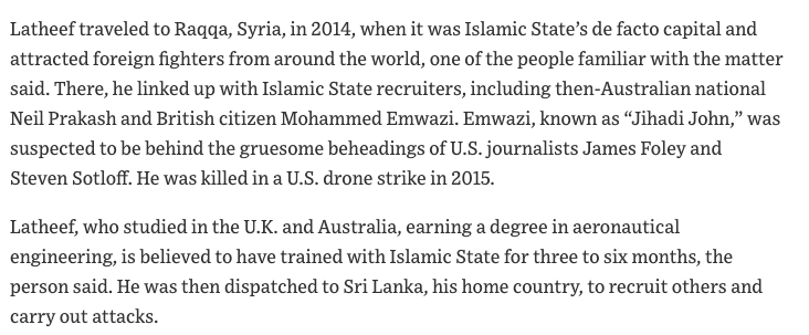 4. Abdul Lathief Jameel Mohamed-Relationship with Prakash & Choudary-Investigated by ASIO ~2014 in Australia for links to multiple local IS suspects-Travels to Syria and links up with Jihadi John/Prakash in 2014, sent back to Sri Lanka specifically to recruit for attack