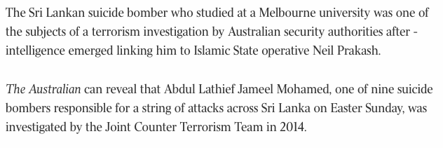 4. Abdul Lathief Jameel Mohamed-Relationship with Prakash & Choudary-Investigated by ASIO ~2014 in Australia for links to multiple local IS suspects-Travels to Syria and links up with Jihadi John/Prakash in 2014, sent back to Sri Lanka specifically to recruit for attack