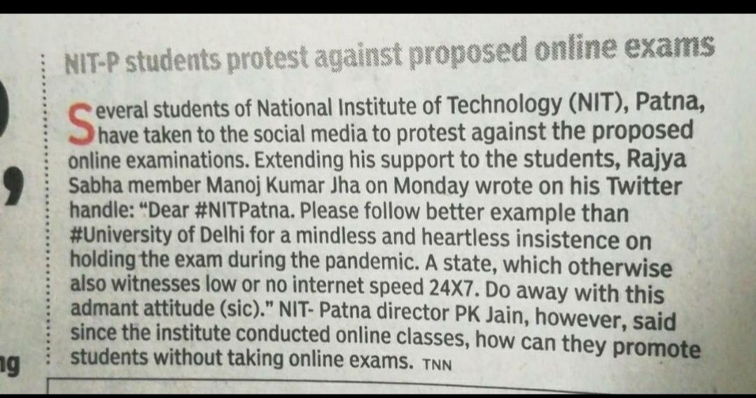 Keshav_killer's tweet photo. Newspaper mei baat aa gyi par NITP ke adminstration ke kaano tak baat nhi pahuchi hai lagta hai abhitak. Humlog jawab leke rahenge
 #StudentsLifeMatter
#WeWantPromotion
#JusticeforNITpians
#CancelEndsemExam
@DrRPNishank @yadavtejashwi  @NitishKumar @ugc_india @ravishndtv https://t.co/BhOGGnGIh3