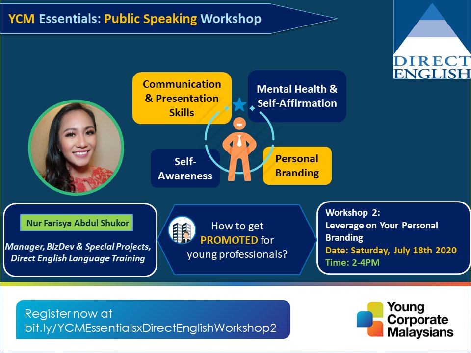 YoungCorpMsians's tweet photo. For #YCMEssentials 2nd workshop of 2020, we welcome working professionals to register for a session focusing on improving #publicspeaking and #softskills with Nur Farisya Abdul Shukor, Direct English Malaysia. Hurry, only 20 spots available! Register now via link at comment! https://t.co/inGfl7z6Wh