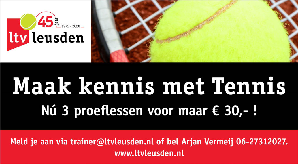 Wil je eens kijken of tennis iets voor jou is? Volg de proeflessen Maak kennis met Tennis. Zowel voor jeugd als senioren; rackets en ballen zijn aanwezig. Meer info en aanmelding: bit.ly/2CbGMo0
#maakkennismettennis #tennis #leusden #tennisles