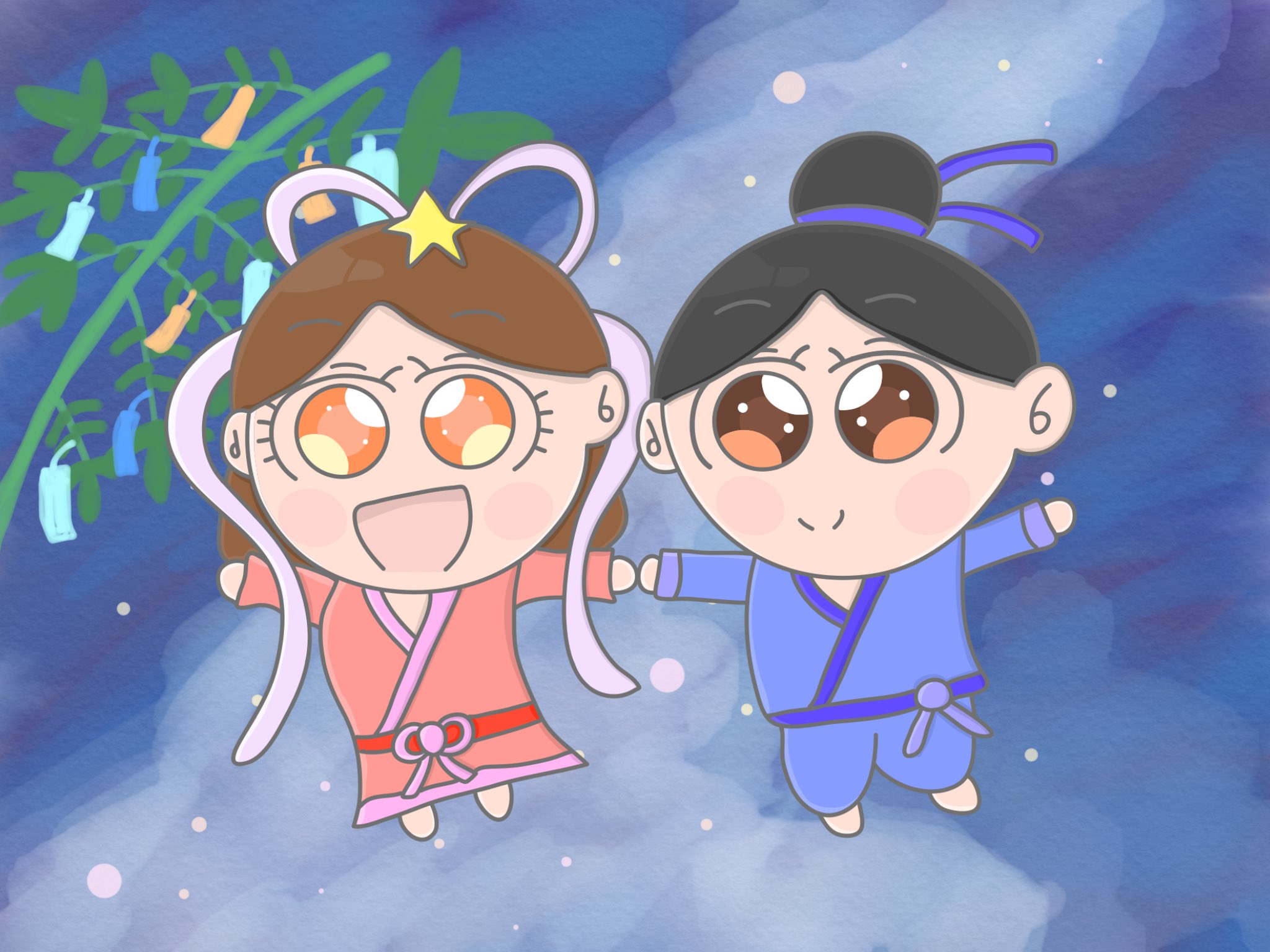 Aki イラストレーター 今日は七夕 短冊に願いを込めて イラスト 毎日イラスト 芸術同盟 女の子 子供 アート 男の子 イラスト王国 かわいい 可愛い絵を描く同盟 七夕 星空 乙姫 彦星 T Co Zw3zorsuwp Twitter