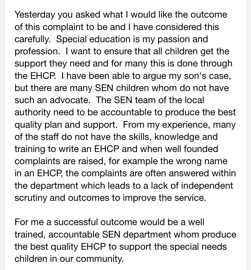 SENScully's tweet photo. Yesterday I spoke to the Govt Ombudsman. 
It’s now taken 1+year to amend an EHCP.
In one version another child’s name is used.
The LA failed to meet the deadline set by mediation. 
A final EHCP was issued w’out our consultation. 
This is my desired outcome for all SEN CYP https://t.co/OJLVdhlipD