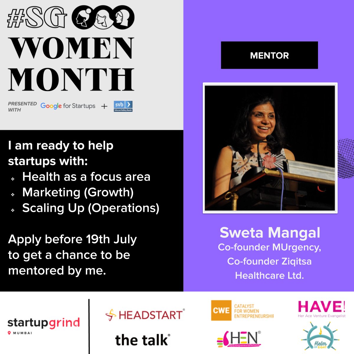 #SGWomenMentors #SGWomen

Sweta Mangal (<a href="/SwetaMangal/">Sweta Mangal</a> ) - A social entrepreneur, Co-Founder MUrgencyNetwork,
Co-Founder Ziqitza HealthCare Ltd. 

Apply to be mentored or as a mentor by 19th July.

MENTEES -lnkd.in/esVmmW8

MENTORS- lnkd.in/eZk4Tet