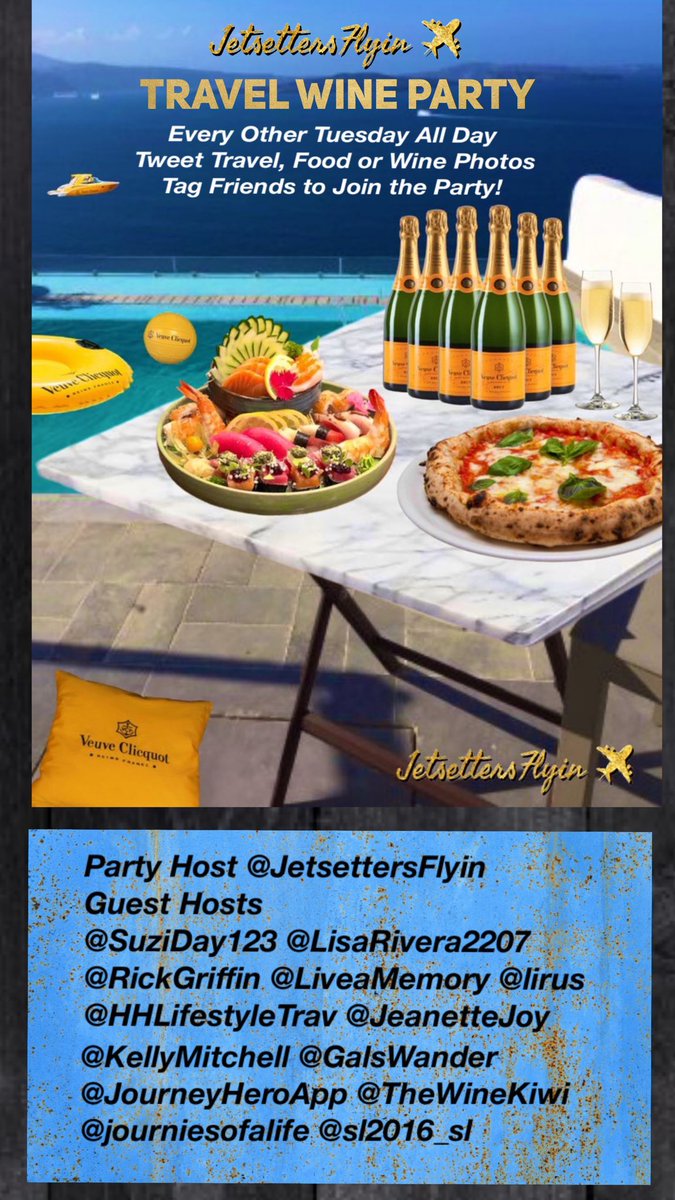 JourneyHeroApp's tweet photo. Join Travel Wine Party🍷🎉

Tweet Travel/Food/Wine 
Tag @JetsettersFlyin &amp; #TravelWineParty

Guest Hosts
@SuziDay123 @LisaRivera2207 @RickGriffin @LiveaMemory @HHLifestyleTrav @JeanetteJoy @KellyMitchell @GalsWander @TheWineKiwi @journiesofalife @sl2016_sl @JourneyHeroApp @lirus https://t.co/0uLlDqFvOX