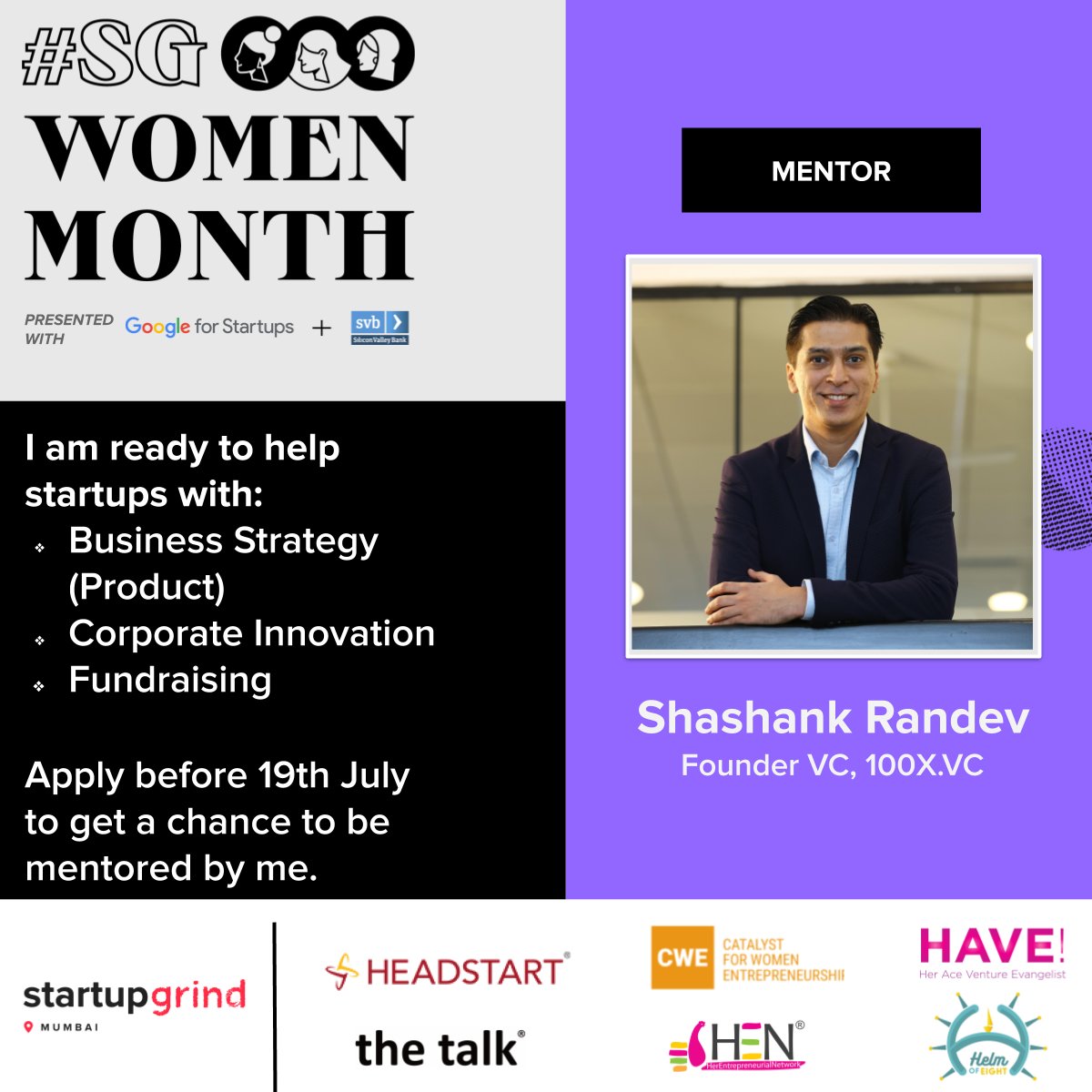 #SGWomenMentors #SGWomen

Shashank Randev (<a href="/ShashankRandev/">Shashank Randev</a>) -  He is the Founder VC at <a href="/100X_VC/">100X.VC</a>

Apply to be mentored or as a mentor by 19th July.

MENTEES -lnkd.in/esVmmW8

MENTORS- lnkd.in/eZk4Tet