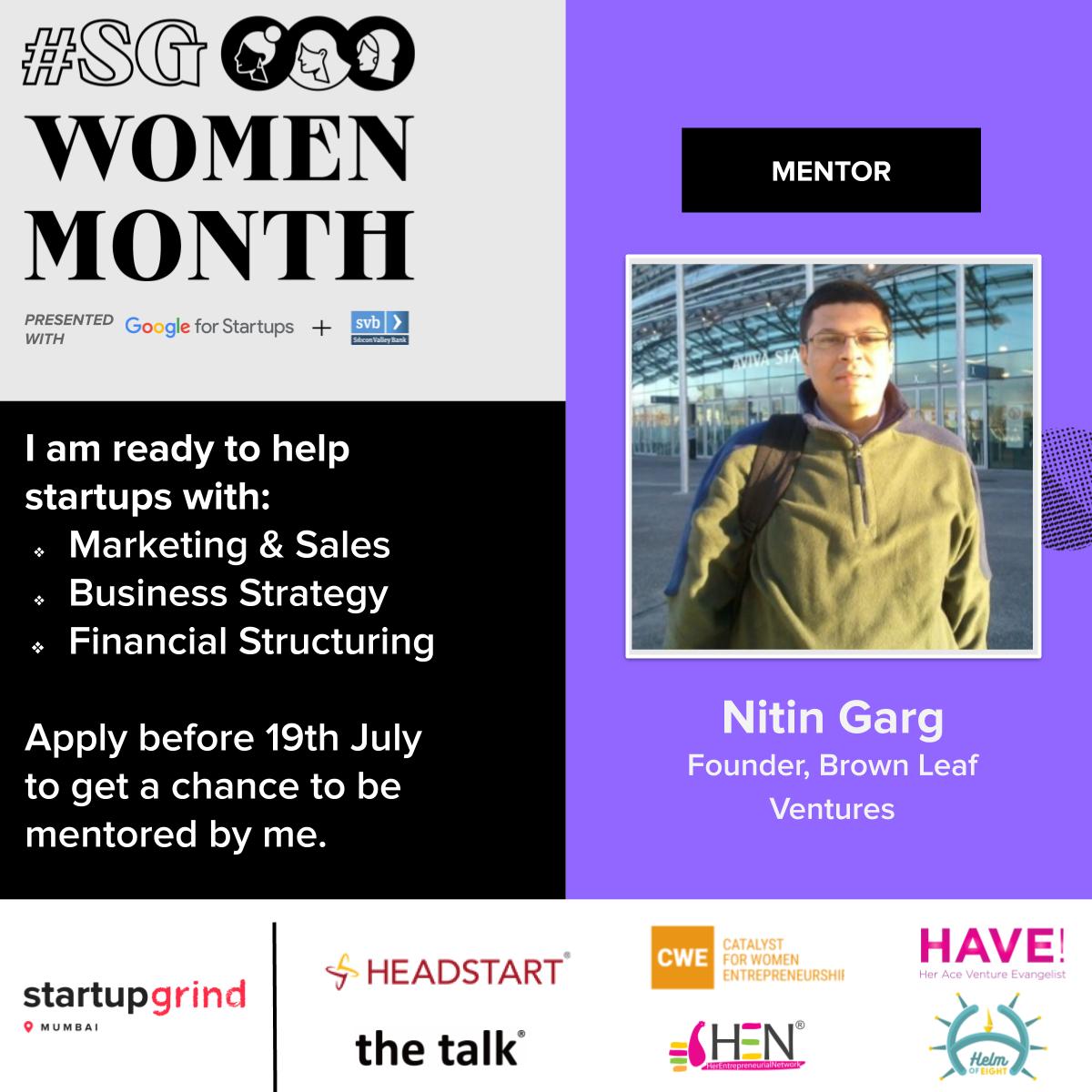 #SGWomenMentors #SGWomen

Nitin Garg - He is the founder at Brown Leaf Ventures and is passionate about giving back and social causes for the environment.

Apply to be mentored or as a mentor by 19th July.

MENTEES -lnkd.in/esVmmW8

MENTORS- lnkd.in/eZk4Tet
