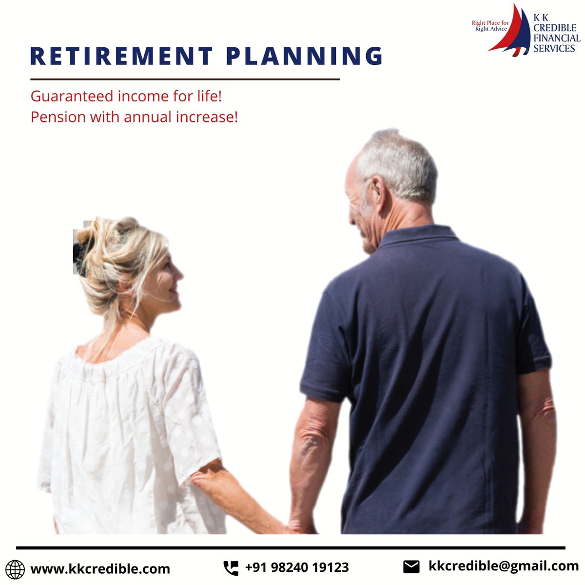 Plan your Retirement finance with us.
Guaranteed income for life! 

Know More @ bit.ly/2BKk9ai
Call us at +91 9824019123

#RetirementPlanningServices #FixedDeposit #Investment #SIP #TaxFree #CapitalGain #MutualFund #FinancialPlanningAdvisory #KKCredible #Rajkot