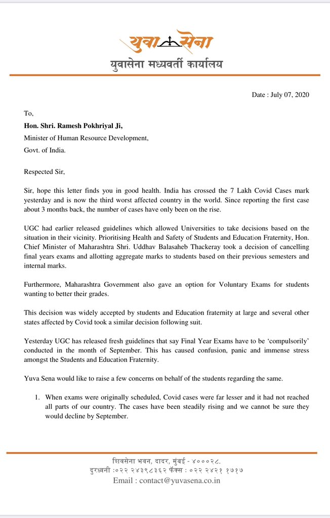 SardesaiVarun's tweet photo. Yuva Sena requests HRD Minister @DrRPNishank Ji to reconsider @ugc_india ‘s decision of compulsorily conducting final year exams. 
We have also raised concerns on behalf of students and education fraternity. 
Hope these are addressed as well. 
@AUThackeray https://t.co/xrgIk3UmU0