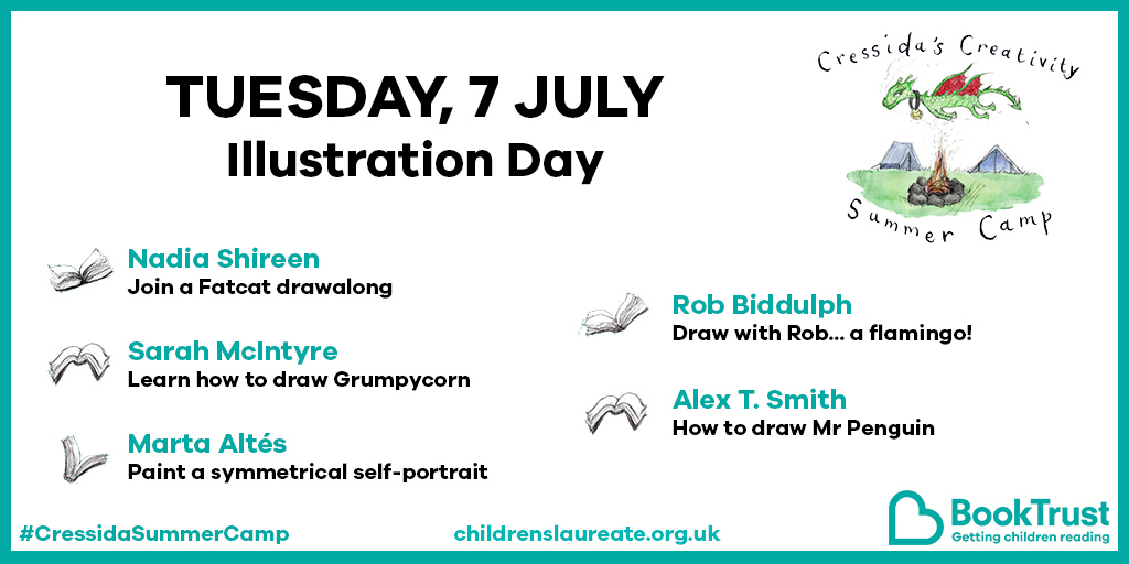On Day 2 of #CressidaSummerCamp, we've got @NadiaShireen, @jabberworks, @martaltes, @RobBiddulph and @Alex_T_Smith celebrating all things illustration and you could learn how to to draw some of your favourite book characters and tips on how to create your own! #MagicIdeas