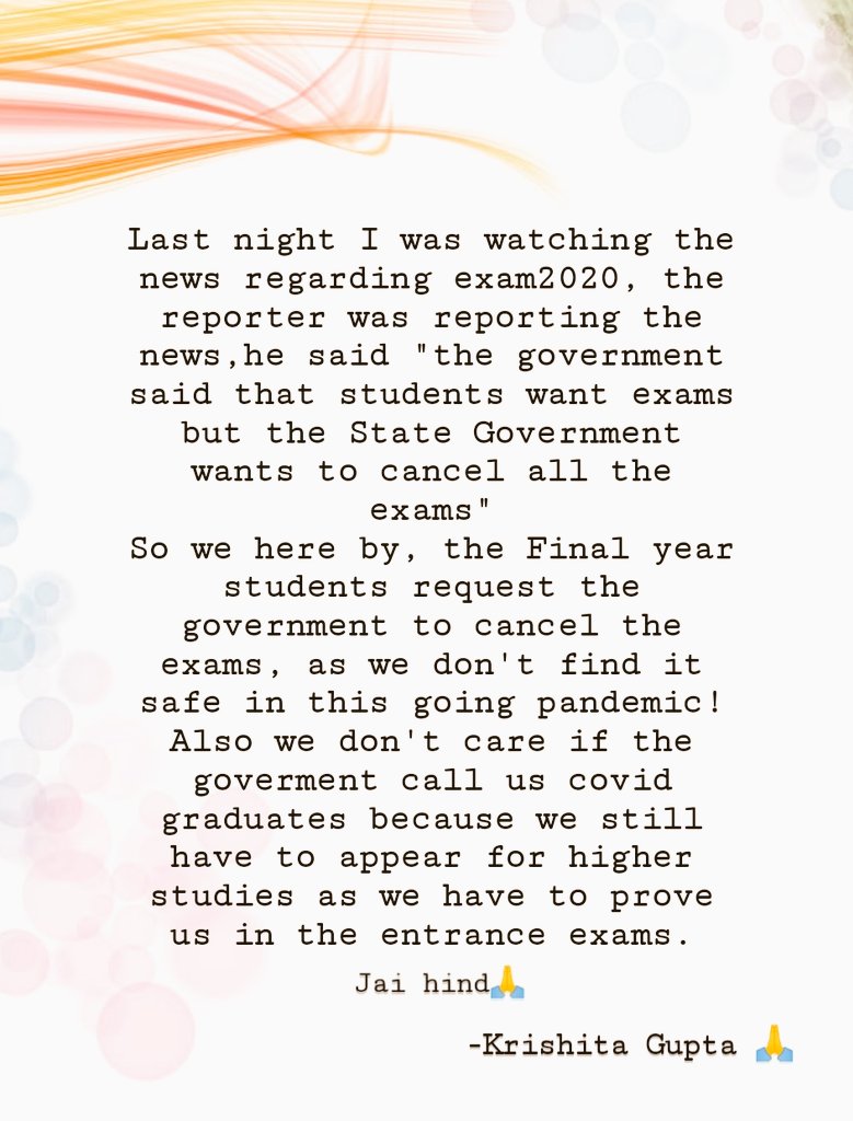 krishi__'s tweet photo. We won't stop until it's for the betterment of the students and not for the politics.
#StudentLivesMatter 
#ugcguideline 
#ugc_cancel_exam 
#FirstParliamentThenExams https://t.co/8hqqyKTIm8
