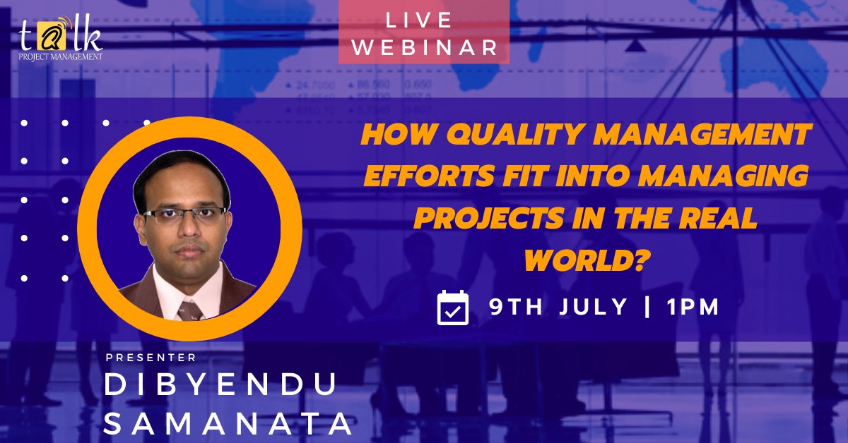 talk_management's tweet photo. Join us in a #webinar, with Dibyendu Samanta, that will not only help to crack PMP questions related to Quality management, but also open the door for understanding quality in a better way.

#pmp #projectmanagement #qualitymanagement #projectmanagers #projectmangementprofessional https://t.co/tLtKzQPbAL