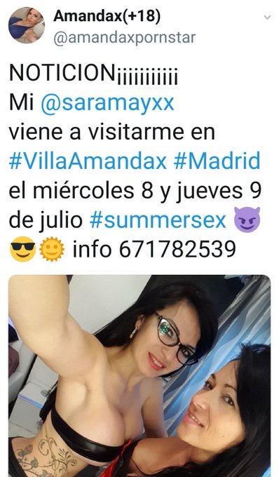 Buenos d&iacute;as 🌝🌞ya queda menos, @amandaxpornstar ma&ntilde;ana d&iacute;a 8 y jueves 9 en  #Madrid correo saramay_x@hotmail<a class="tags" target="_blank" title="On Twitter" href="/?out=eyJ0eXAiOiJKV1QiLCJhbGciOiJIUzUxMiJ9.eyJpYXQiOjE3MjA3OTEyMzQsImlzcyI6InR3cG9ybnN0YXJzLmNvbSIsIm5iZiI6MTcyMDc5MTIzNCwiZXhwIjoxNzUyMzI3MjM0LCJyZWRpcmVjdF91cmwiOiJodHRwczovL3R3aXR0ZXIuY29tL2FtYW5kYXhwb3Juc3RhciJ9.PU-lh262OnQrT2vEBEOyOpkjK3kvqKpsnEPWoBPMdomRYMJjCDfAFyjOt45qIM-51V4gKs5fS8j0zyxQrGZkEA">@amandaxpornstar</a><a href="/tag/madrid"class="tags"><span>#madrid</span></a>
