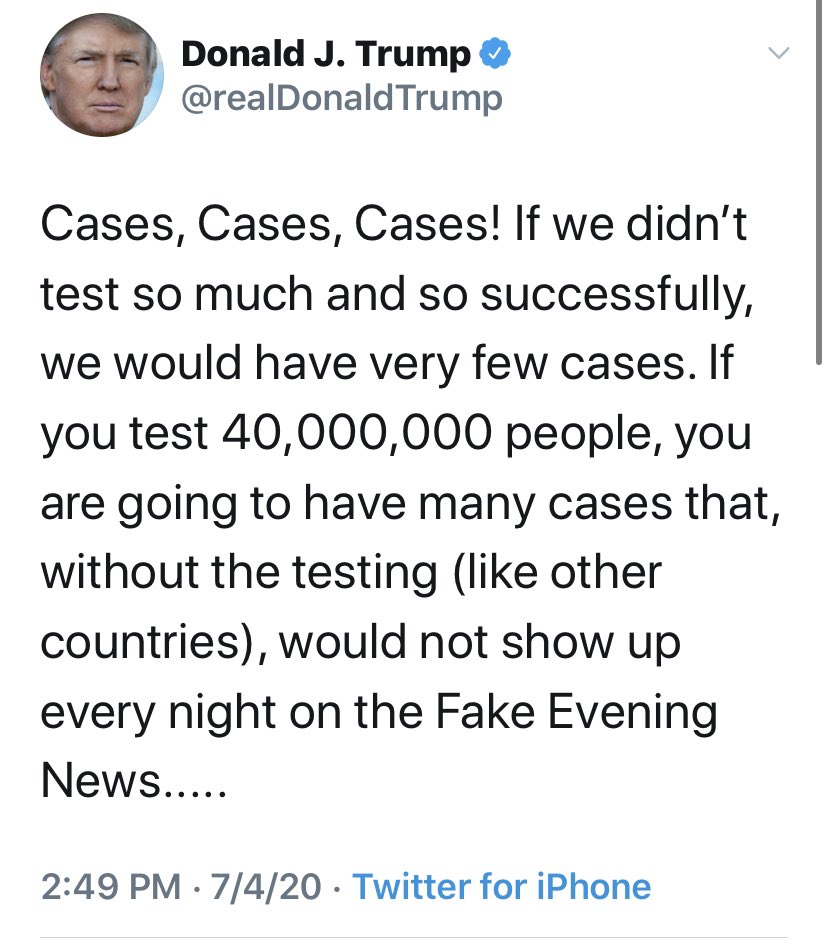 37.) LYING DAILY about COVID having a “99% harmlessness rate” (NO), that cases are rising “only because we are testing more” (NO), that “if we just stopped testing there’d be no cases” (AYFKM), that mortality rates are dropping (NO) & that the economy is setting records (NO)