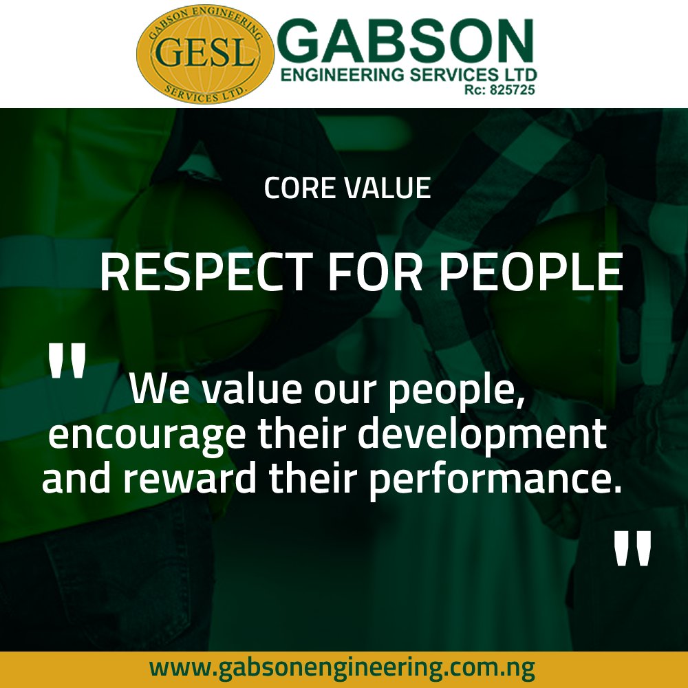 gabsonengineer's tweet photo. One of our Core Values is RESPECT FOR PEOPLE: We value our people, encourage their development and reward their performance. 

Visit any of our Branches in Ikeja-Lagos, Eket-Akwa Ibom in Nigeria:

https://t.co/pKKLDxwmQ9

#gabsonengineering #civilengineering #welding #fabrication https://t.co/zw0ec4U6dY
