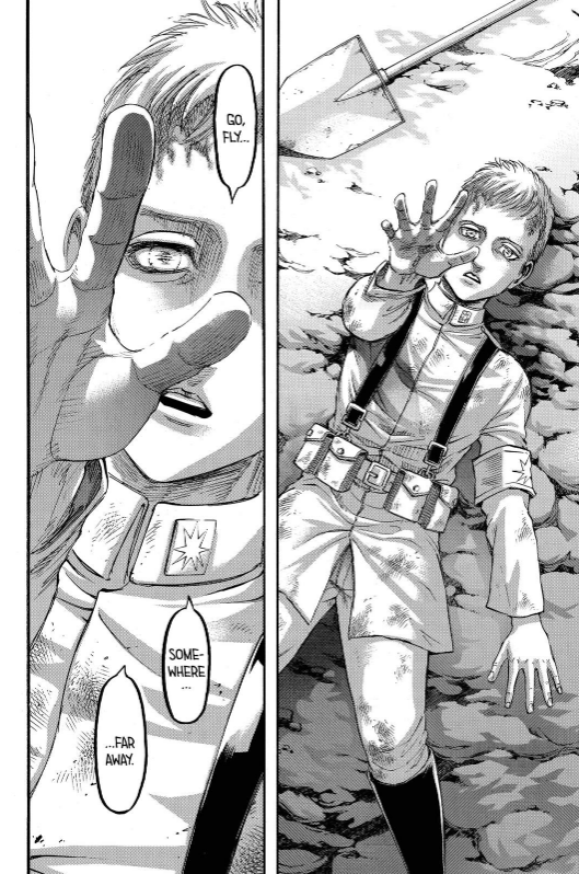However, Eren was not present at this moment, and we know, with the chapter 91 (+ the trailer of the Season 4) that above Falco, there was only a bird. Here all the scenes of this chapter when we see the bird + Falco (as you can see it's the same scene)