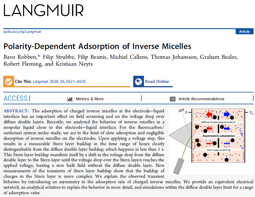 Recently this paper on electronic ink came out. We show that negative inverse micelles are adsorbed at the interface faster than positive ones. This leads to asymmetry in the Stern layers and switching. The paper is available from dx.doi.org/10.1021/acs.la…