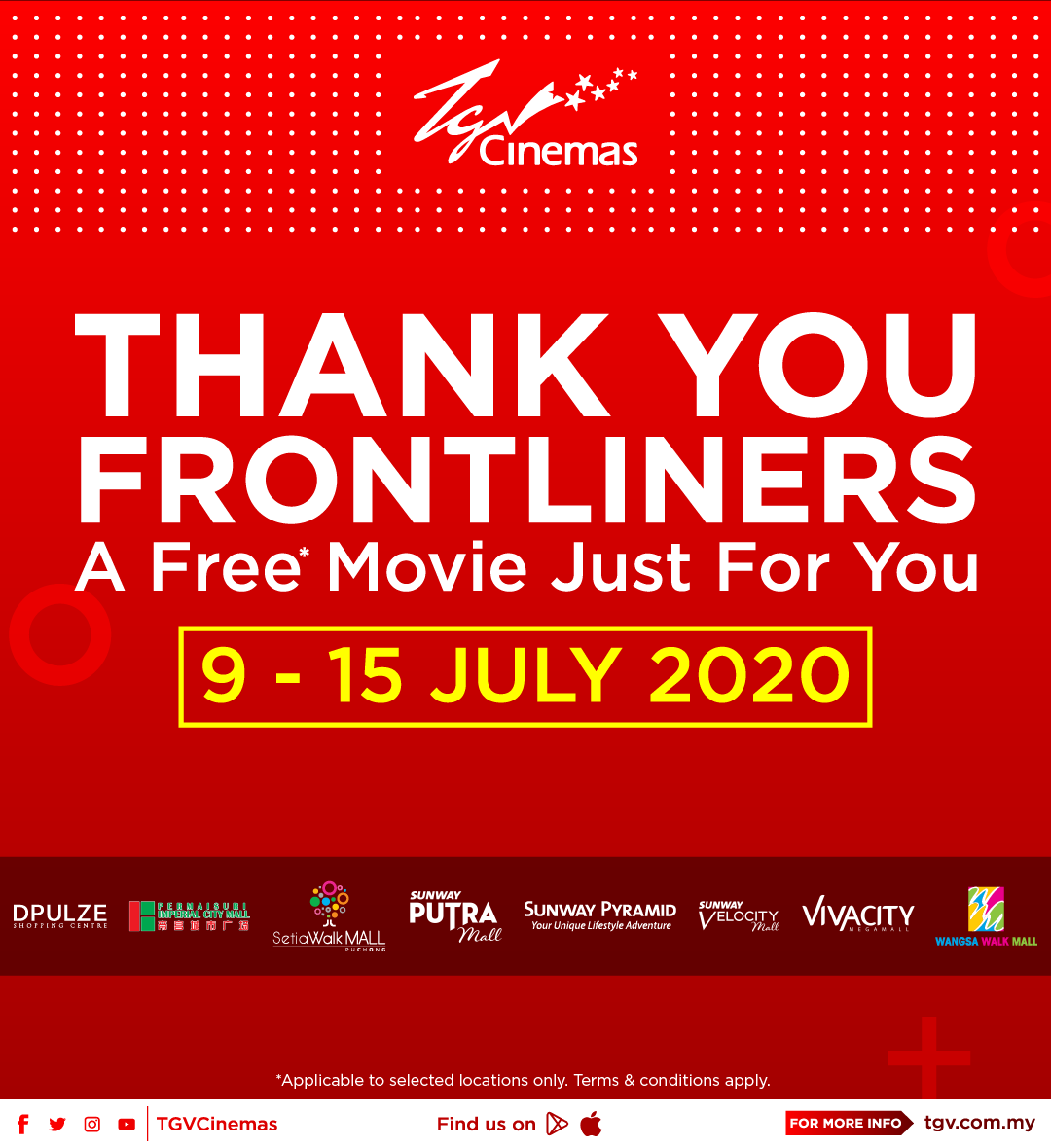 CMalaysiaku's tweet photo. Bagi menghargai jasa petugas barisan hadapan dalam menangani penularan wabak #Covid19 di negara ini, kami di @TGVCinemas menawarkan tiket PERCUMA kepada anda semua.

Giliran kami untuk sediakan pengalaman menonton yang terbaik dan selamat buat anda. 

#TGVCares
#TGVCYouSoon https://t.co/XSx7GjgAbi