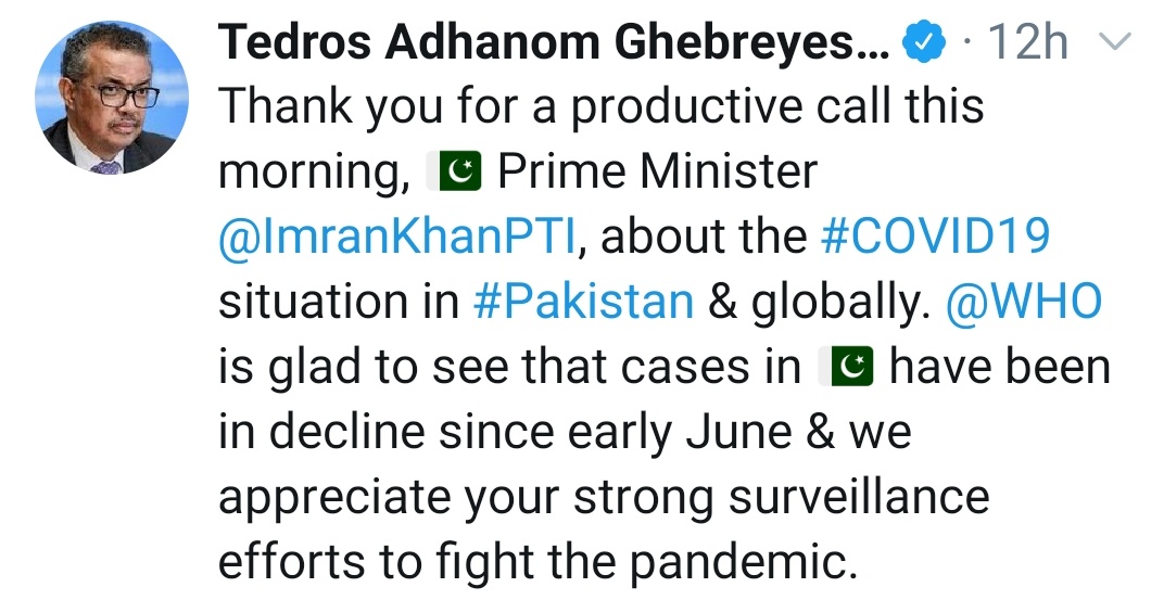 Director General of WHO has acknowledged the decline in Covid19 cases in Pakistan and has praised the government's efforts in fighting this Pandemic.LAKIN...PM  @ImranKhanPTI isteefa dou!