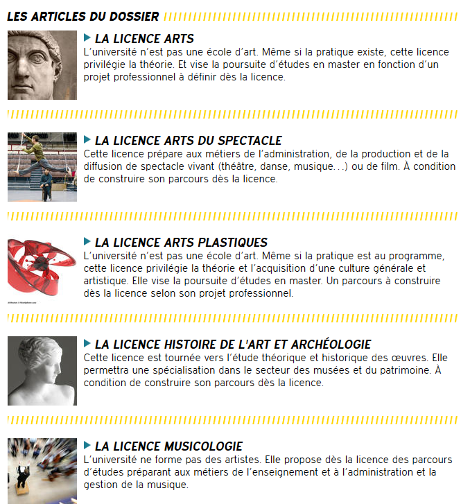 📌Licence d'art

Les #études d'art à l'université sont avant tout théoriques. Elles préparent notamment à l'enseignement et au management culturel. Des parcours de spécialisation en licence permettent de définir et de préparer un projet professionnel

bit.ly/2BADfjb