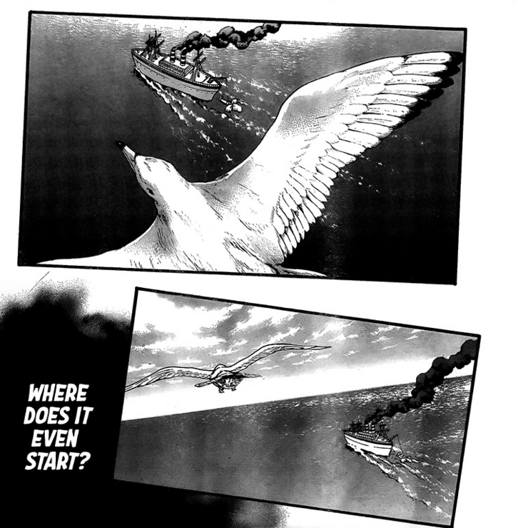 Also, in chapter 130, we see a bird (not the same as chapter 91) following the boat where Hange and the others are, then we find the same bird concluding the memories of Eren before flying away.