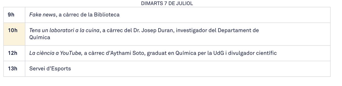 SilviaSimonR's tweet photo. Segona jornada del #PreBat20! Comencem, amb @UdGBiblioteca, a continuació en @pepduran amb experiments des de la cuina de casa, l'Aythami amb @Pontebata i acabarem amb @UdGEsports ! Quina jornada més plena de @univgirona ! #UdGCampusEstiu https://t.co/3u3MRp0s4g