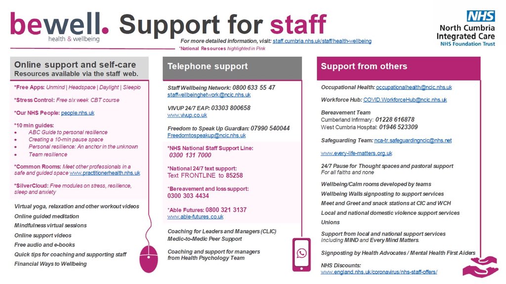 Support is available to all staff <a href="/NCICNHS/">North Cumbria Integrated Care NHS Foundation Trust</a> as we continue to move into the recovery stage of COVID-19. We have all the information on support services and self help in one place on the Support for Staff pages on staff web. #BeWell