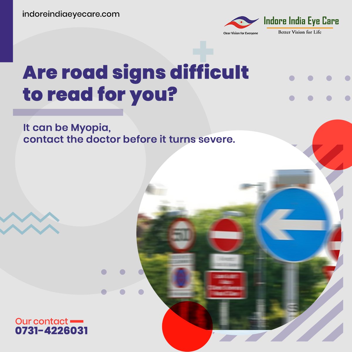 EyeIndore's tweet image. ARE ROAD SIGN DIFFICULT TO READ FOR YOU?
It can be Myopia, contact the doctor before it turns severe.
Contact us:-
0731-4226031
#ReadingDifficulty #Myopia #VisionForLife #EyesProblems #myopiacontro #HealthyEyes