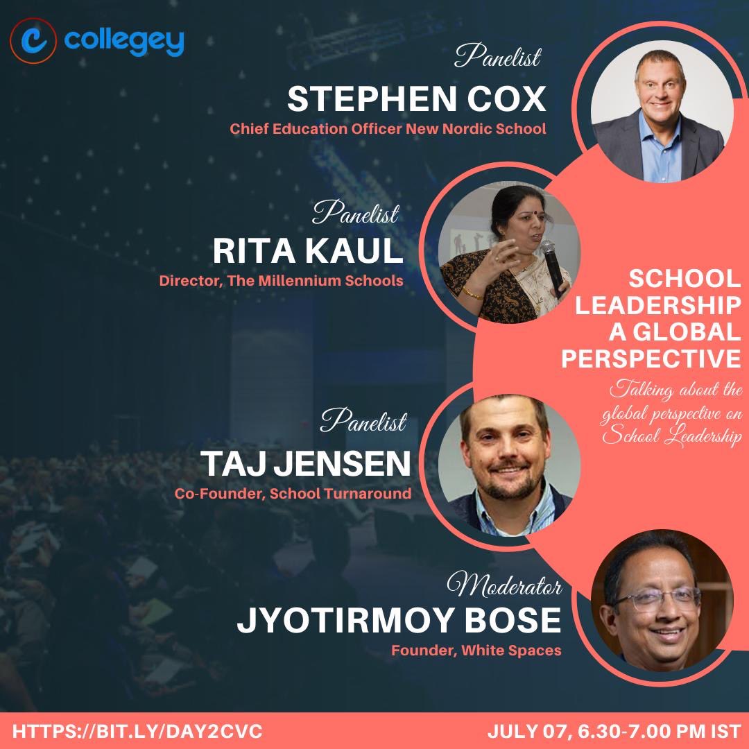 "School Leadership: A Global Perspective" with <a href="/Jyotirmoy/">Jyotirmoy Mandal</a> The Millennium School <a href="/NewNordicSchool/">New Nordic Schools</a> School Turnaround on Day 2 at the <a href="/BeCollegey/">Collegey.com</a> Virtual Conference. Sign up: bit.ly/day2cvc With <a href="/skjamal/">Syed K. Jamal</a> 
#principalsschool #schoolleadership #schoolleaders #schoolimprovement