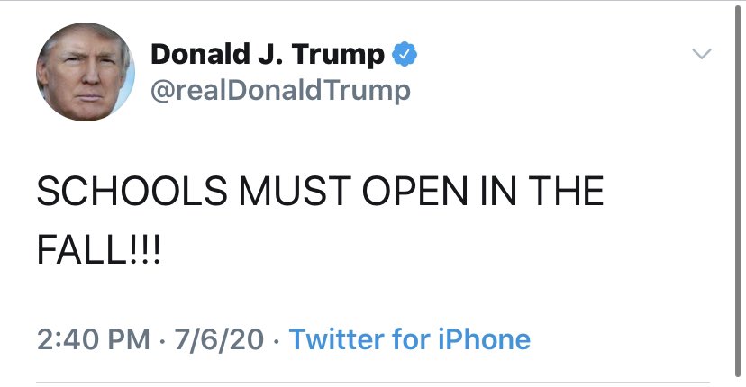 38.) Screaming “SCHOOLS MUST OPEN IN THE FALL!” despite him having done NOTHING to facilitate that being even remotely safe or possible for our nation’s children given the current trajectory of the virus (exploding). Children are not immune, can carry and even die from COVID.