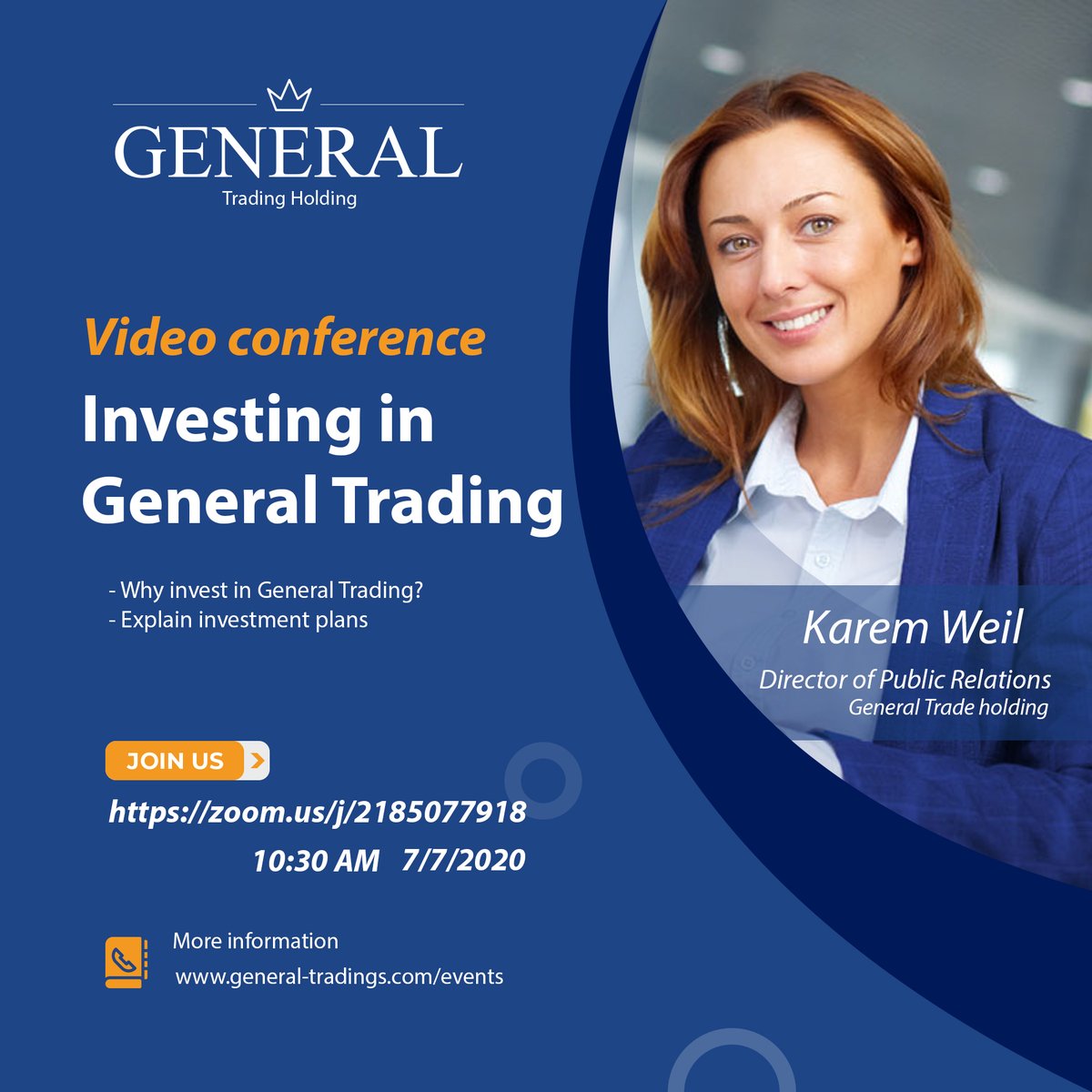 HoldingTrade's tweet photo. #video_conference

Karem Weil (Director of public relations )(general trade holding)

- Investing in General Trading
. Why invest in General Trading?
. Explain investment plans

ZOOM_us 10:30am 7/7/2020

#general_tradings #generaltradings #events #investing https://t.co/R71DAeWI3Y