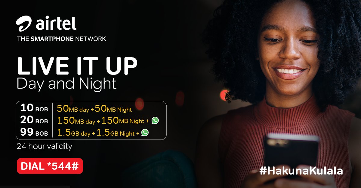 AIRTEL_KE's tweet photo. Rule your day and night with the new Amazing Data bundles. Live it up day and night! Dial *544# and subscribe.  #HakunaKulala https://t.co/y2u6Lrl1MN