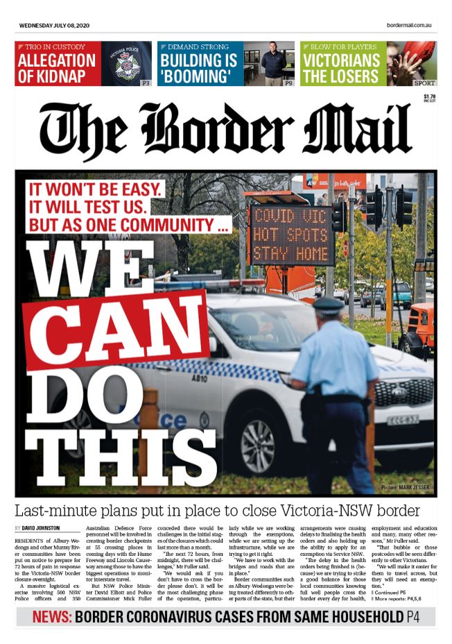 sophiemboyd's tweet photo. An important message to a soon-to-be physically divided community on tomorrow's @bordermail by the excellent @jcoe00 and @JamieHorneFFX. #borderclosure #twocitiesonecommunity #AlburyWodonga https://t.co/SluCo27xwe