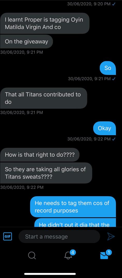 I am upset and I need to let it out. (A thread)"I learnt Prosper is tagging Oyin, Matilda, VirginBra and co on the giveaway that TITANS contributed"... "They are taking the glory for TITANS sweat"... To whoever sent this to that TITAN, You know nothing and may GOD judge you!