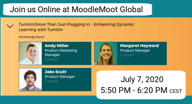 Turnitin's tweet photo. TODAY: We’ve been busy improving what you can do with Turnitin in Moodle. Join us as we walk you through our new services and share with you how you can start using them in your Moodle environments (like supporting quizzes!). Register now: https://t.co/dpzVPLovIJ #MootGlobal20 https://t.co/29p1viwIuv