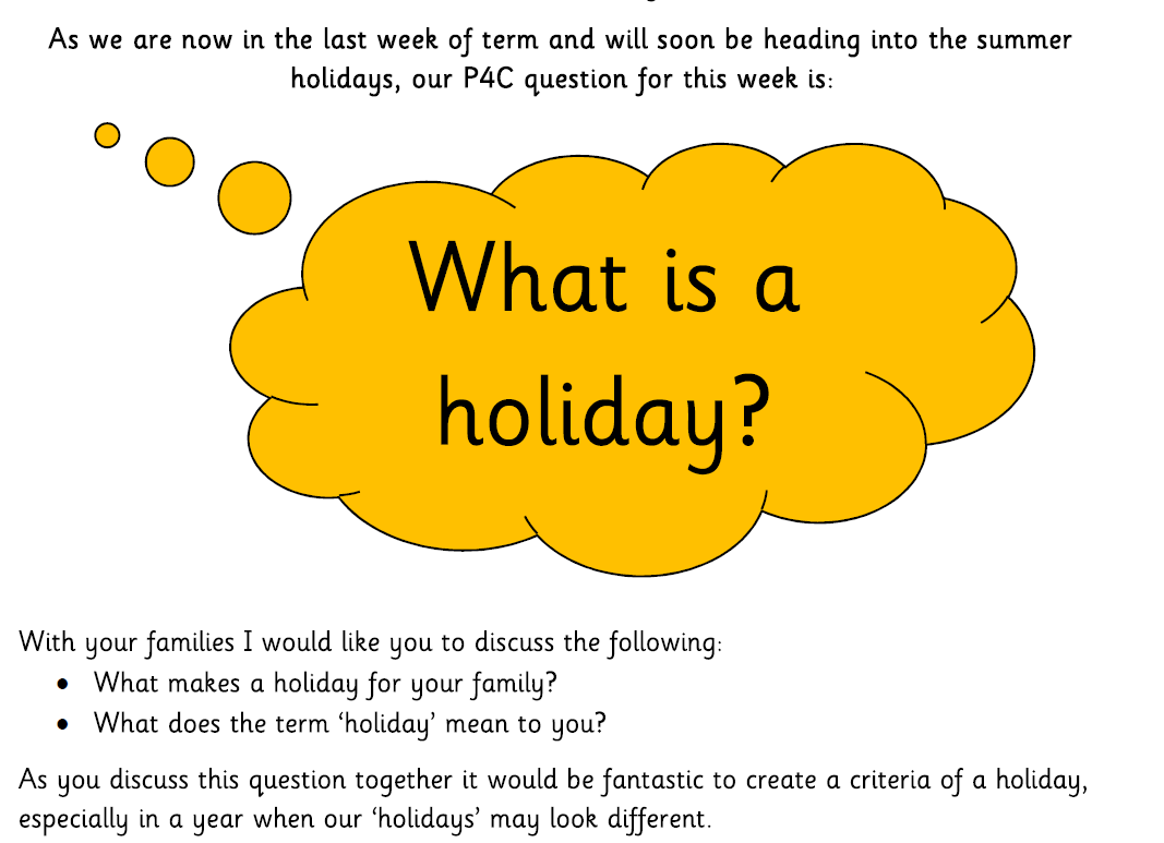 SherrierY2's tweet photo. It's 'Thinking Tuesday', the last one of our term! Thank you so much to all the amazing philosophy work everyone has done throughout this term. You can find all the examples at:  https://t.co/Xub1LzCHcO
This week's question is "What is a holiday?" 
#p4c @SherrierCE https://t.co/GihSJlKCAm