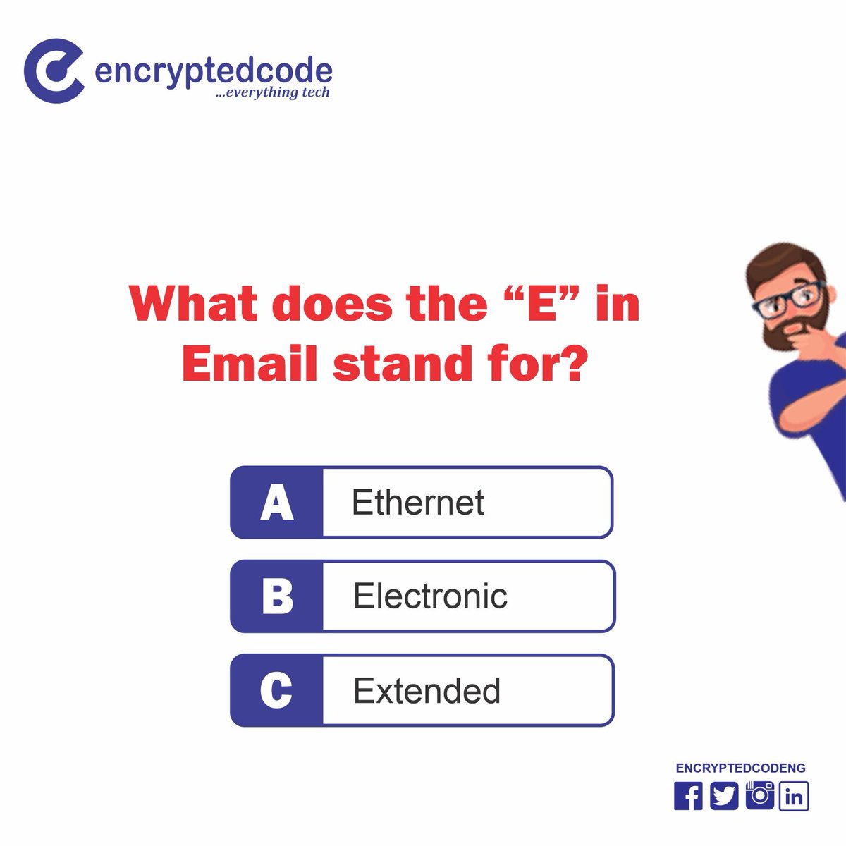encryptedcodeng's tweet photo. What does E in email stand for? #TuesdayTrivia #EncryptedCodeNG
Reply if you know. https://t.co/dfxZjnjgy1