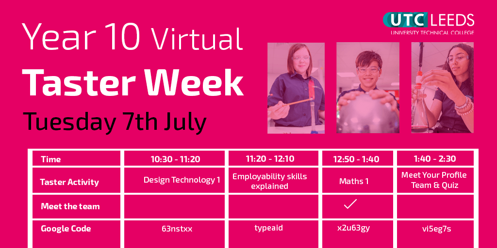 UTCLeeds's tweet photo. There are more Year 10 taster activities coming up today!

Want to get involved? Fill in this short form: https://t.co/mffQaKLwYu

#Engineering #STEM #Maths #TasterWeek https://t.co/P5KpUdtYgI