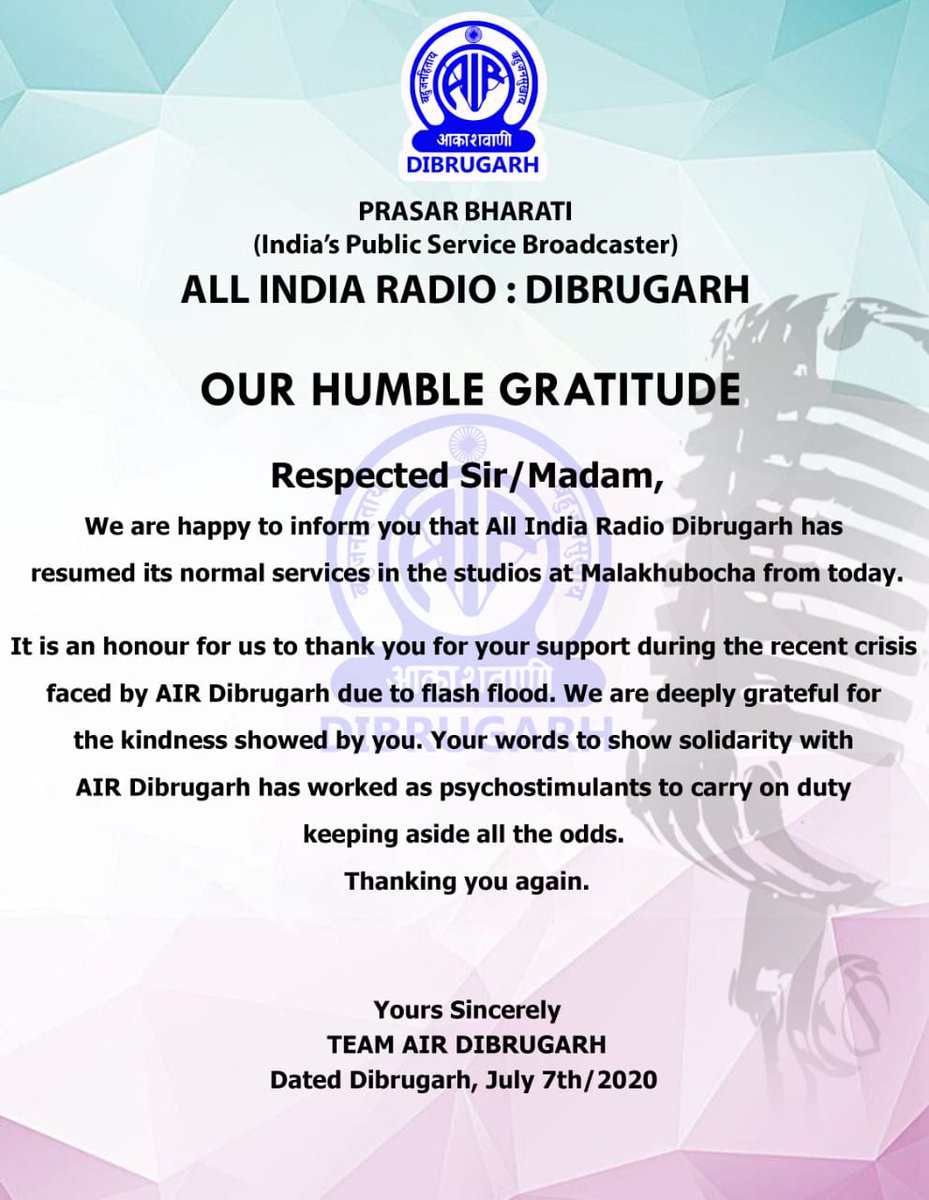 Restored services from the studios @air_dibrugarh after #flood. Resumed #YouTube Livestreaming also. Please tune in to AIR Dibrugarh at 567KHz in AM, 577KHz in DRM, 101.3MHz in FM & in YouTube. @prasarbharati @AkashvaniAIR @ADGPNER