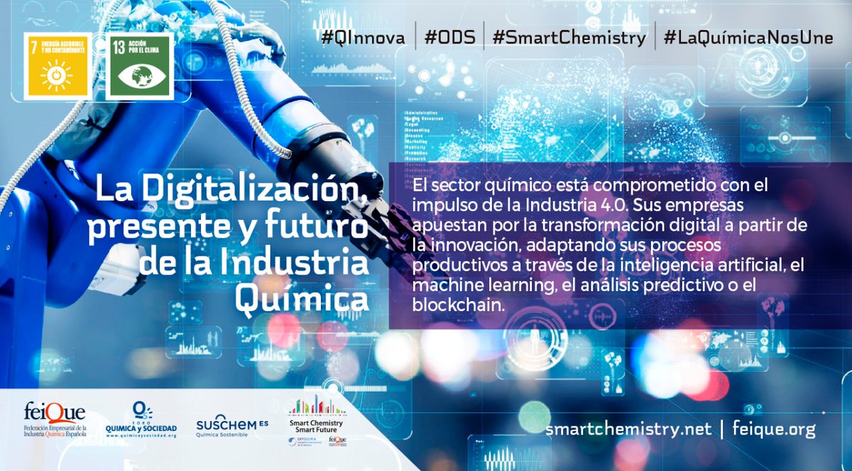 expoquimia's tweet photo. Las empresas del #sectorquímico impulsan la #digitalización mediante la #innovación tecnológica aplicada a sus procesos de producción a través de la inteligencia artificial, machine learning, el análisis predictivo o el blockchain. #LaQuimicaNosUne #SmartChemistry #QInnova #ODS https://t.co/S72MjW0R2v