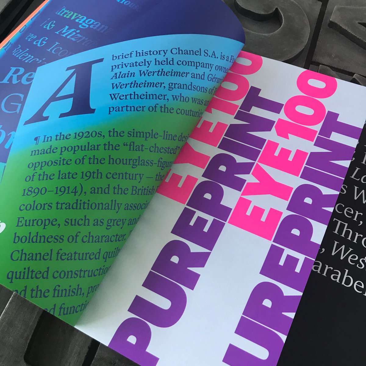 PureprintGroup's tweet photo. A special colour on the spine of @eyemagazine #eye100 really makes it pop. So many spreads in this issue that have vibrant special colours and fluoro ones too #magazines #eyemagazine #fluoroorange #indiemagazines #PrintedbyPureprint #fluoro #graphicdesign https://t.co/QsgT4GH2UQ