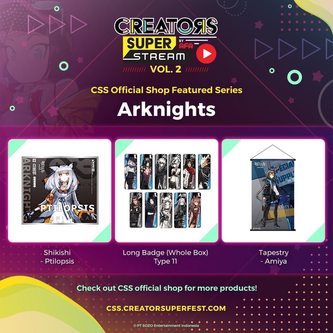 #CSSVol2 Thank you for all of your support during CSS Stream!
Check out our catalogue of various latest anime merchandise from popular series on the link below! 
css.creatorsuperfest.com/shop/

All Pre order purchase will end on Sunday, 12 July! 

Stay Home, Stay Safe, Stay Creative!